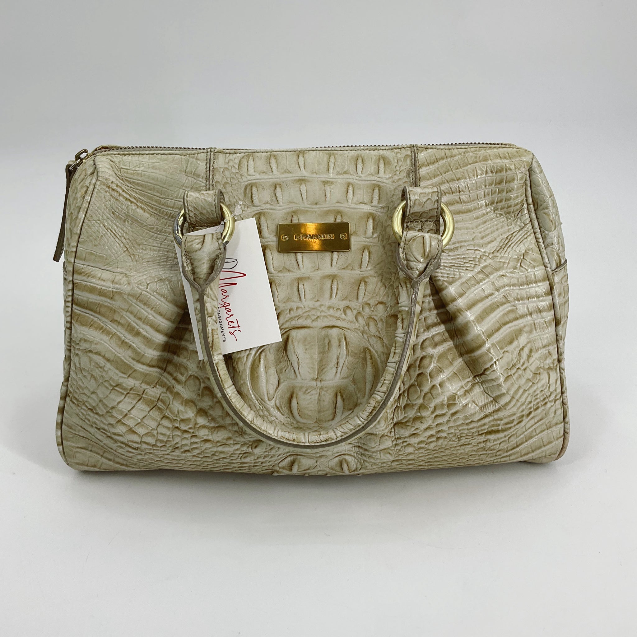 Brahmin Cream Crocodile Handbag from Margaret's Fine Consignments featuring crocodile-embossed leather and gold-tone hardware, ideal for elegant styling.