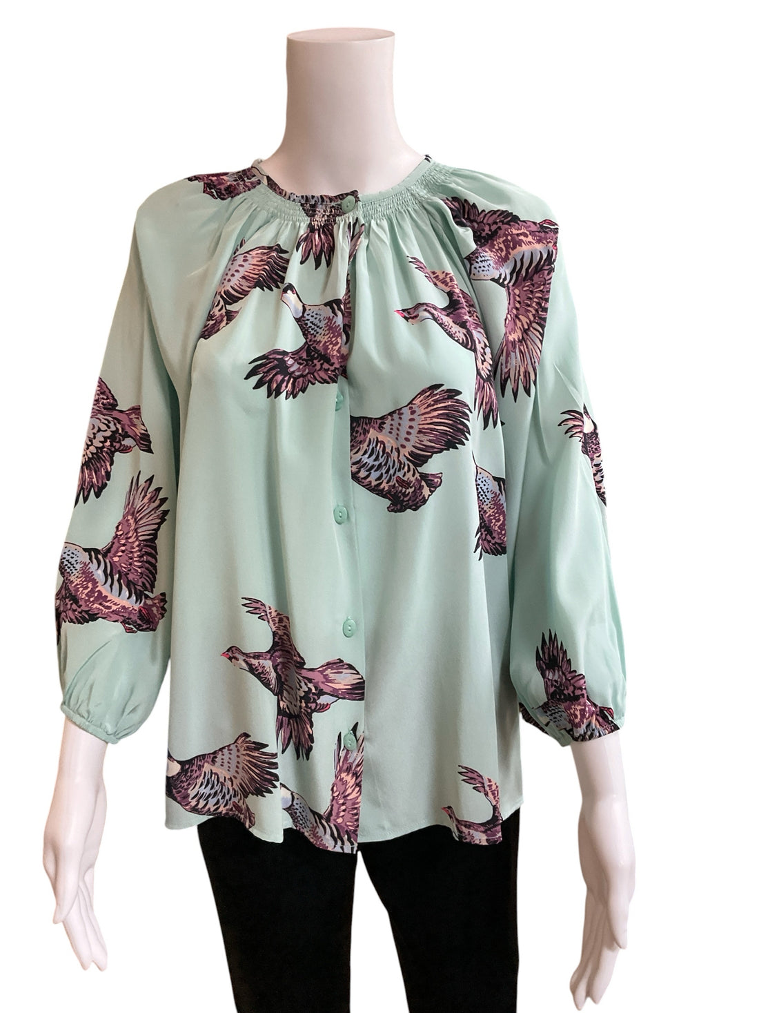 Tucker Bird Print 100% Silk Smocked Blouse | Size Medium