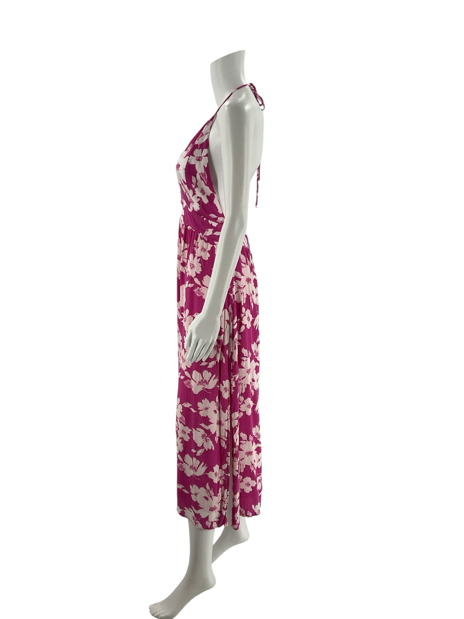 Lulus pink and white floral pre-owned ladies dress in size large, featuring a flowing design and vibrant patterns.