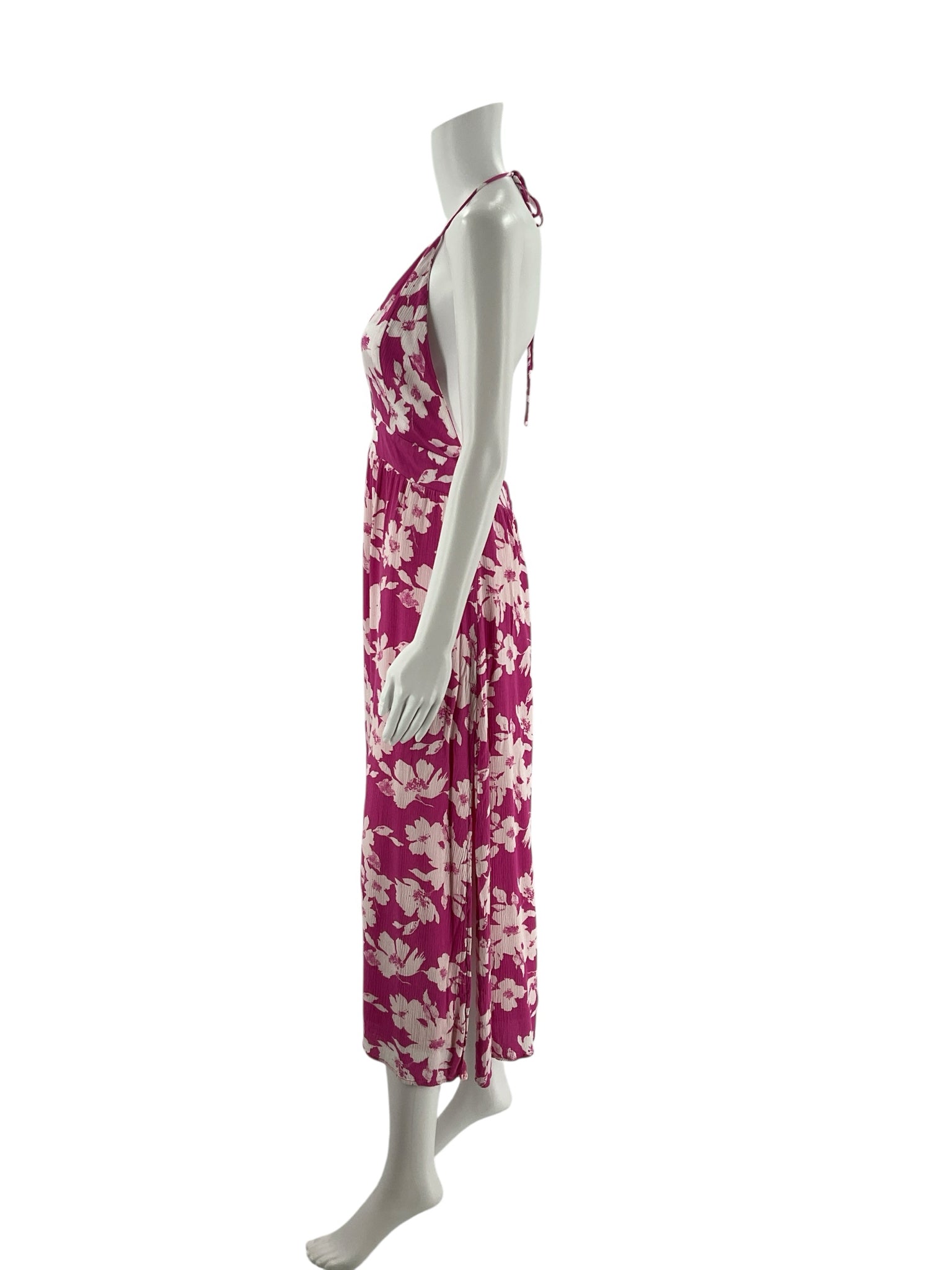 Lulus pink and white floral pre-owned ladies dress in size large, featuring a flowing design and vibrant patterns.