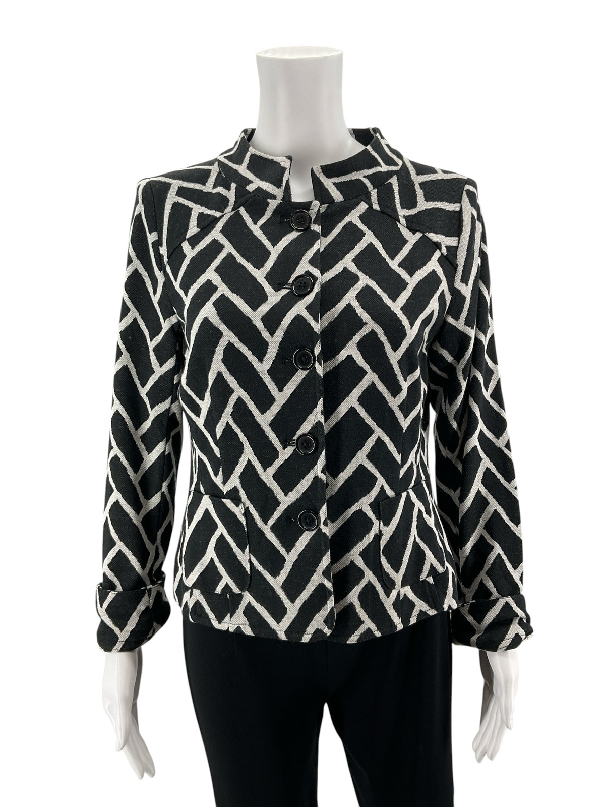 Dressbarn Yours Geometric Jacquard Knit Jacket Black Ivory Size 12