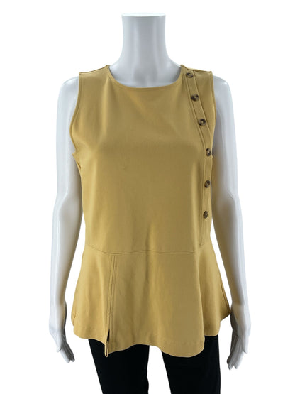 Ann Taylor mustard peplum blouse with buttons, sleeveless design, size medium, perfect for career wear.