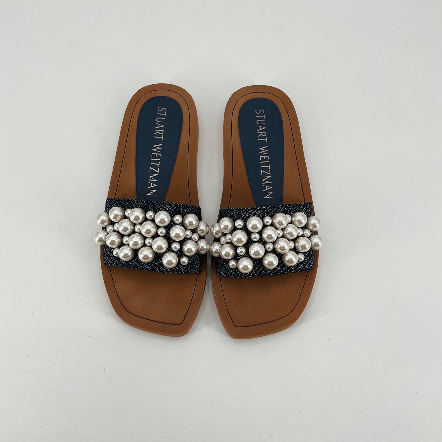 Stuart Weitzman blue/white Sandals Djinn Pearl Denim Slide Sandals Blue White Size 6.5 - Size 6.5