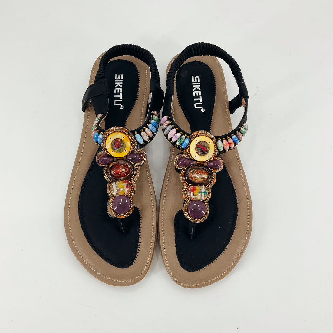 Siketu Black/multi Beaded Pre-Owned Ladies New With Tags Sandals - Size 10