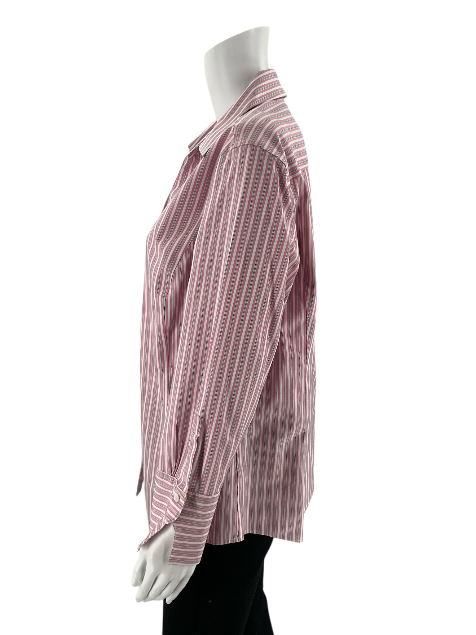 Brooks Bros white, pink, and green striped casual top, size 16, featuring a relaxed fit and short sleeves.