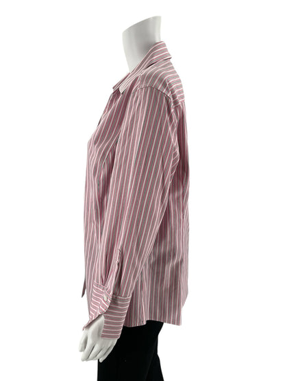 Brooks Bros white, pink, and green striped casual top, size 16, featuring a relaxed fit and short sleeves.