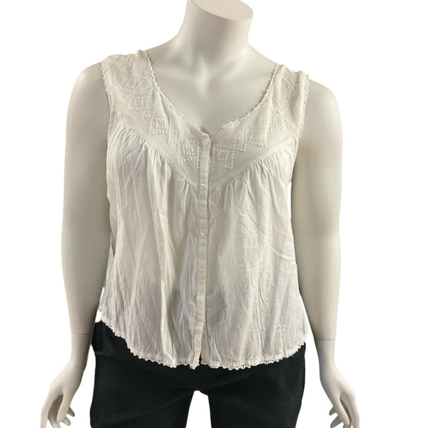 Lucky Brand Lace Top XL | Gently Worn Women's Consignment sleeveless white blouse with button front and embroidered lace detail, size XL.