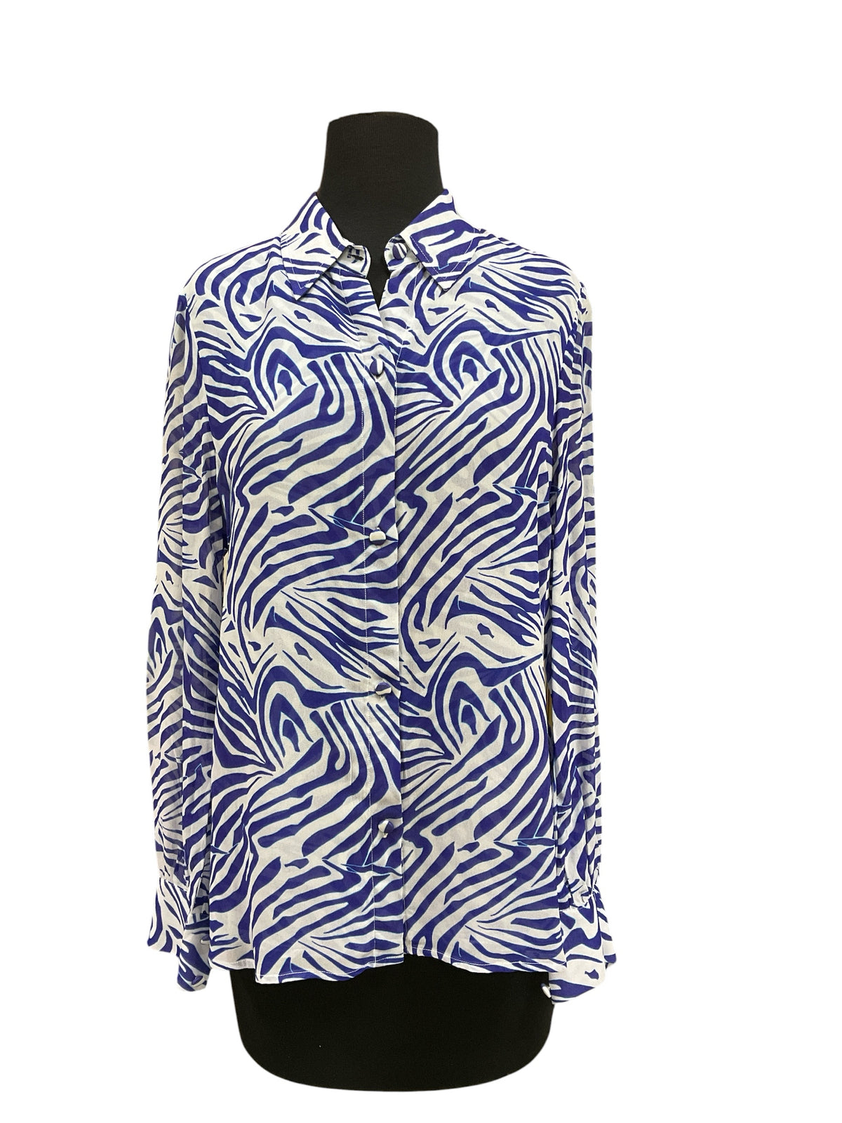 Karina Grimaldi Zebra Print Silk Blend Blouse XS Blue White Button Down Top - ONLINE ONLY