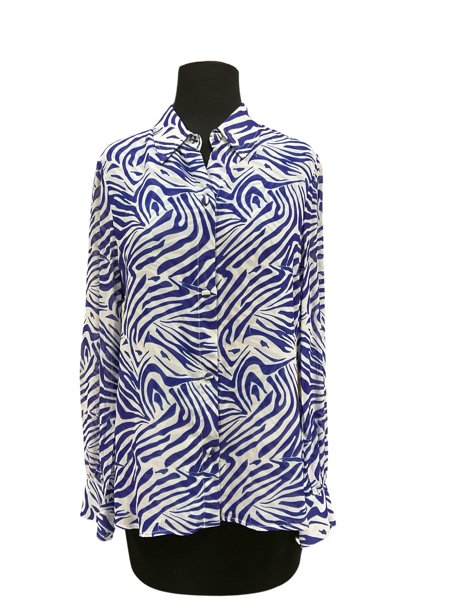 Karina Grimaldi Zebra Print Silk Blend Blouse XS Blue White Button Down Top - ONLINE ONLY