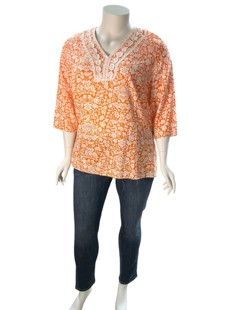 Carole Little Size 2X White/Orange Floral Casual Top - Upstairs