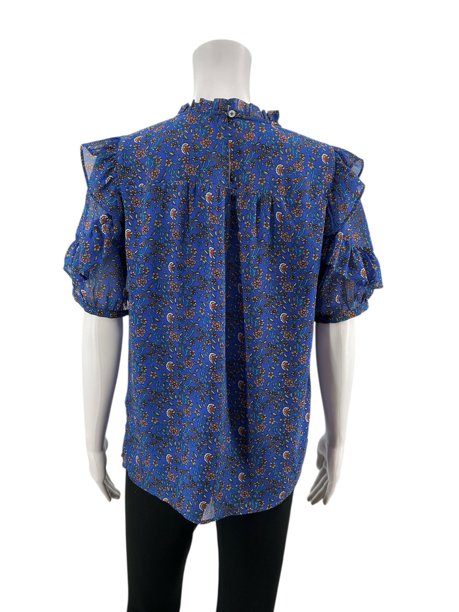 LOFT blue/red Short Sleeve Floral Ruffle Neck Flutter Sleeve Blouse Size Small Pre-Owned - Size S
