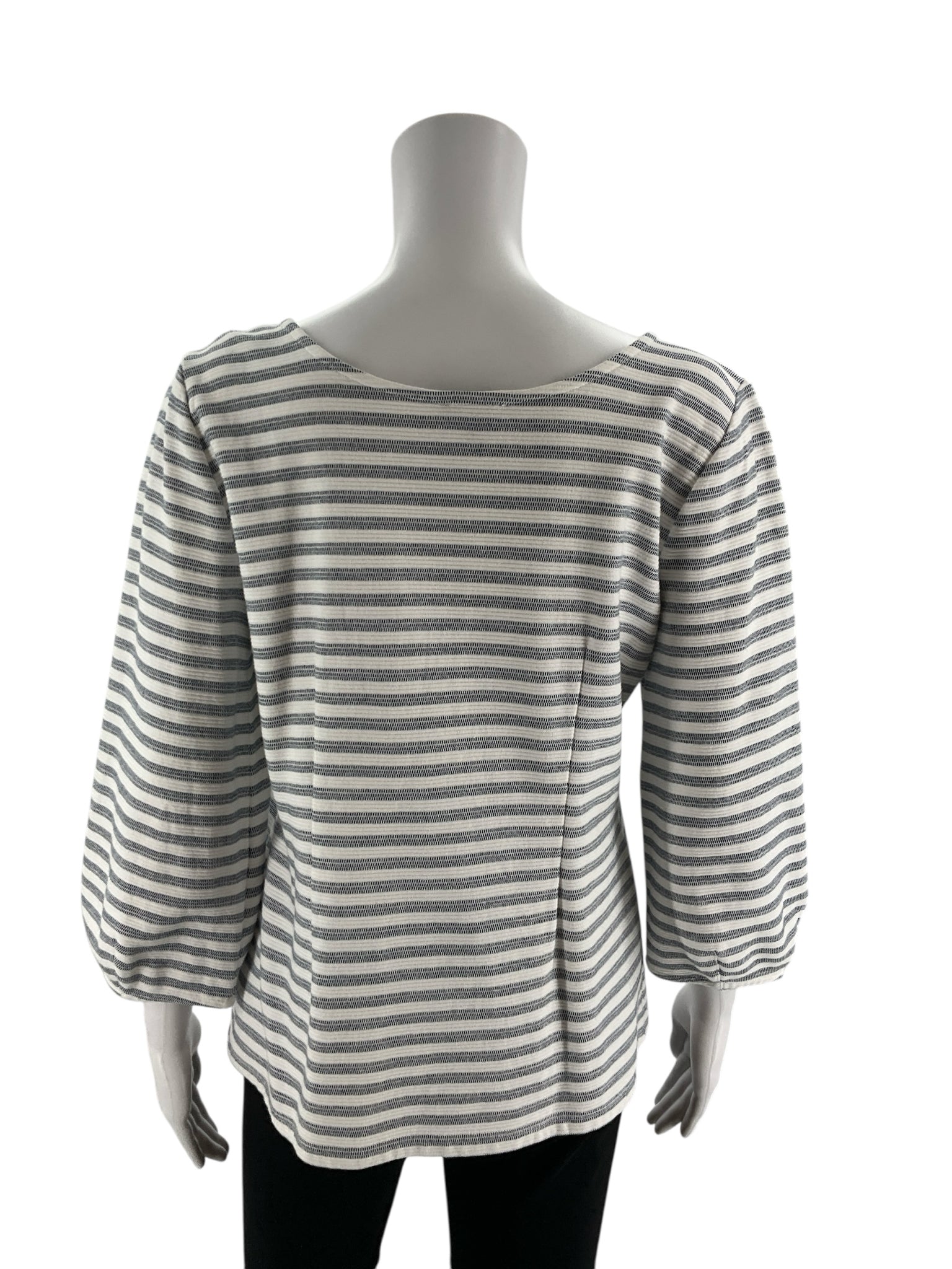 Talbots white and navy stripe balloon sleeve top with boatneck, size medium, featuring a classic preppy nautical style.