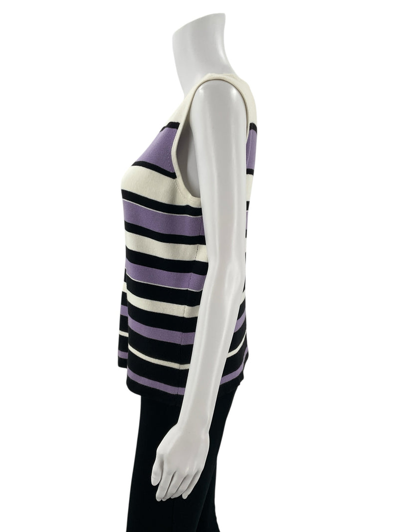 Geoffrey Beene White/Purple/Black Stripe Pre-Owned Casual Top - Size Medium - Margaret’s Fine Consignment