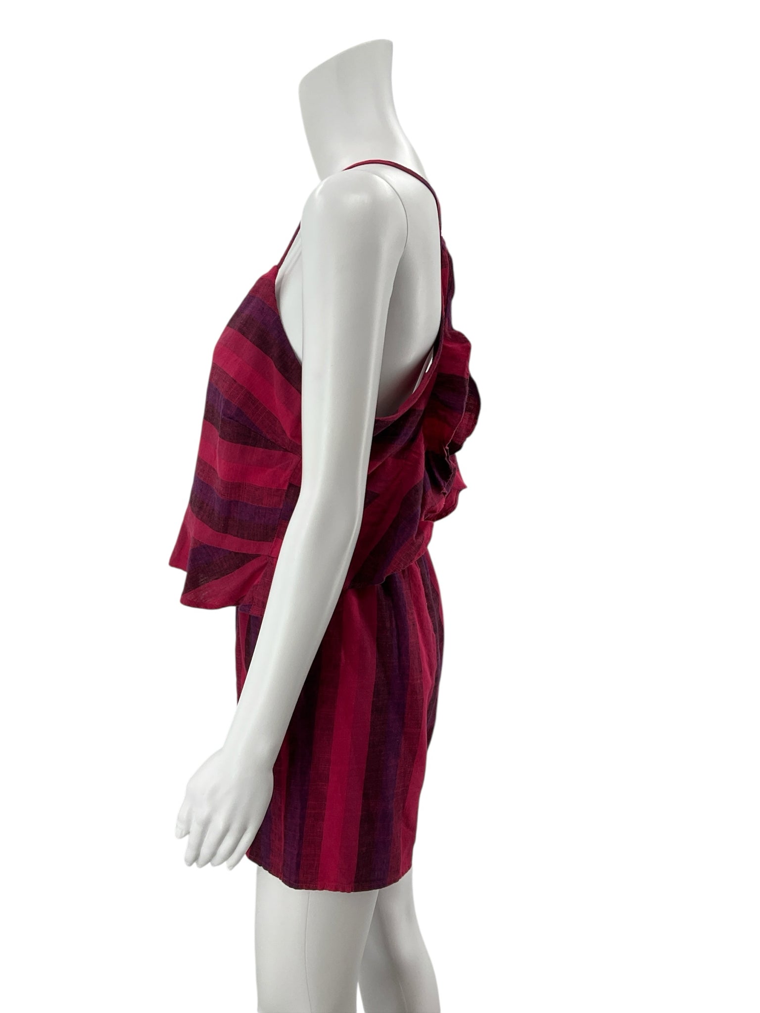Amadi Anthropologie Tiered Striped Romper Cotton Linen Pink Purple XS