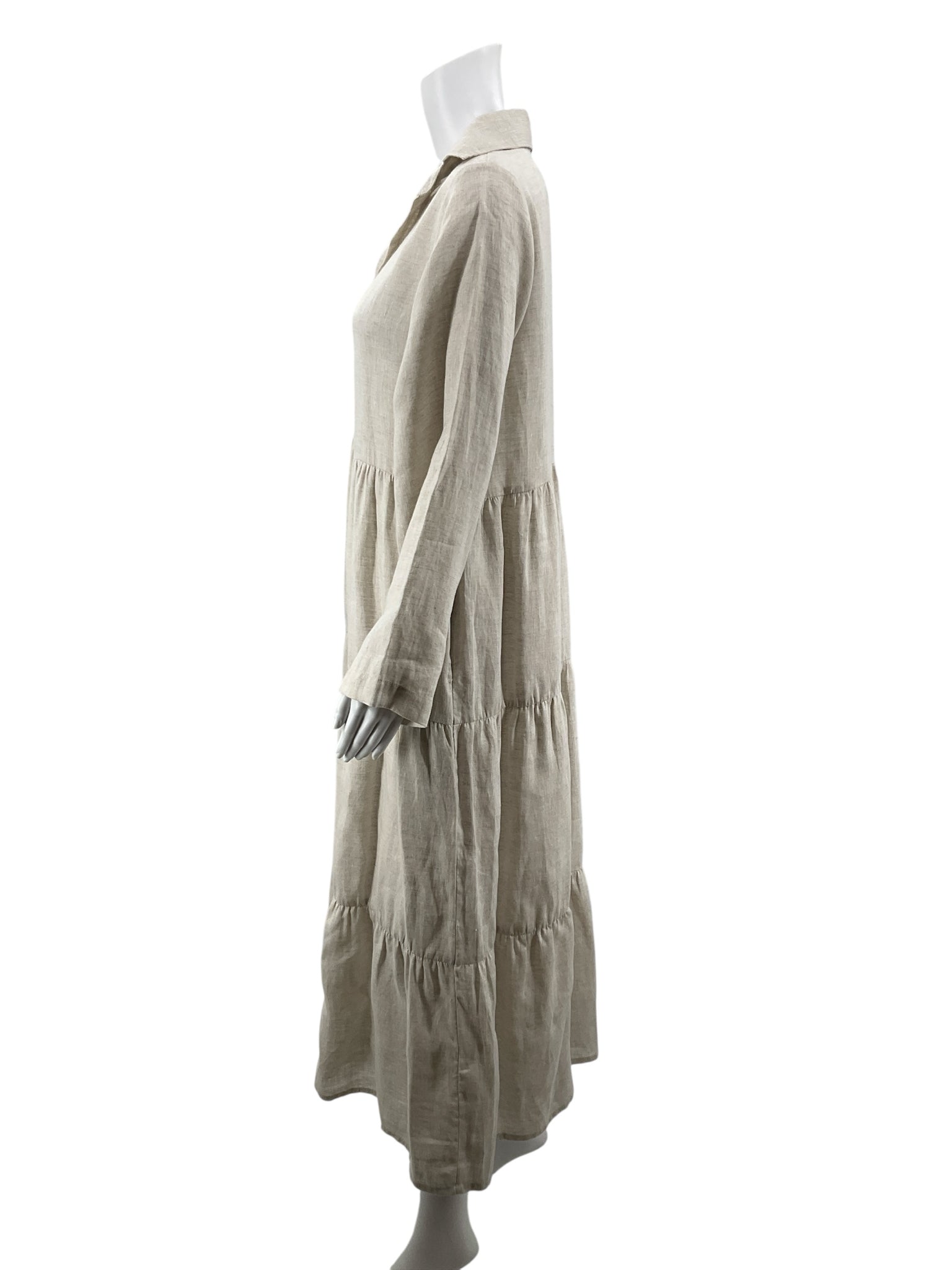 LJC Designs Beige Linen Tiered Long Sleeve Midi Dress Size Small