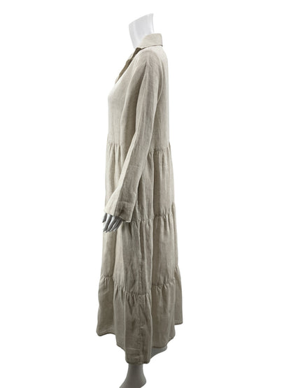 LJC Designs Beige Linen Tiered Long Sleeve Midi Dress Size Small