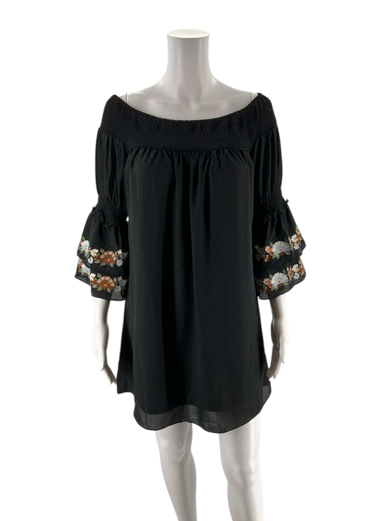 VaVa by Joy Han Black Boho Black Floral Embroidered Off-Shoulder Boho Mini Dress XS - Size XS