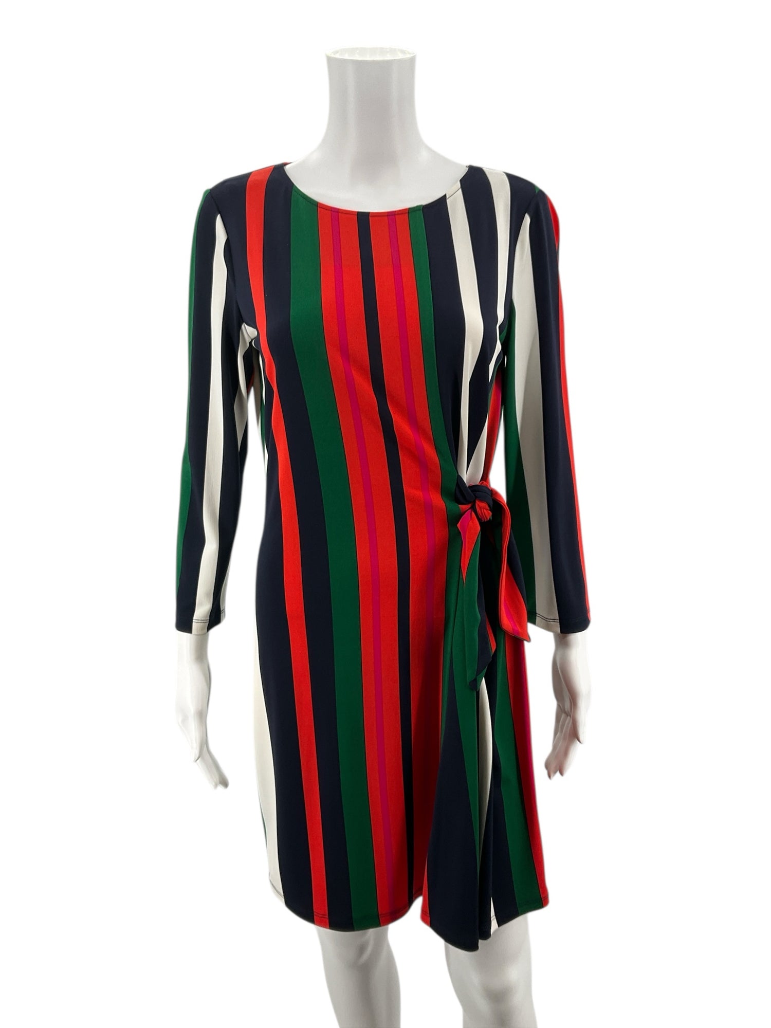 London Times orange/navy/green/white Long Sleeve Vertical Stripe Tie-Waist Dress Size 4 - Size 4