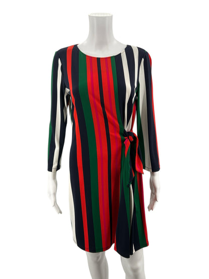 London Times orange/navy/green/white Long Sleeve Vertical Stripe Tie-Waist Dress Size 4 - Size 4