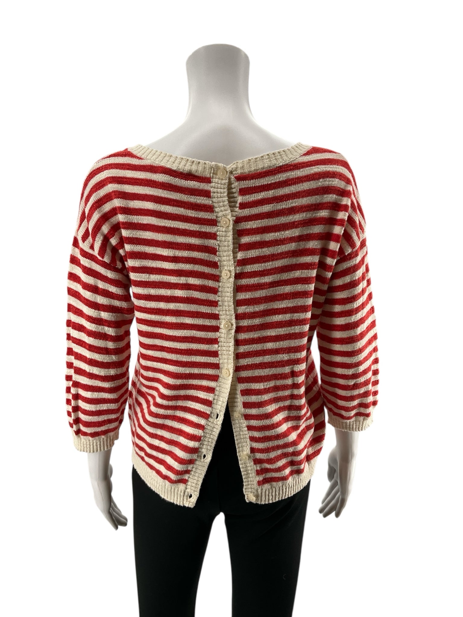 Seasalt Cornwall red/white 3/4 Sleeve Knavock Jumper Organic Cotton Linen Breton Stripe Sweater US 4 - Size 4
