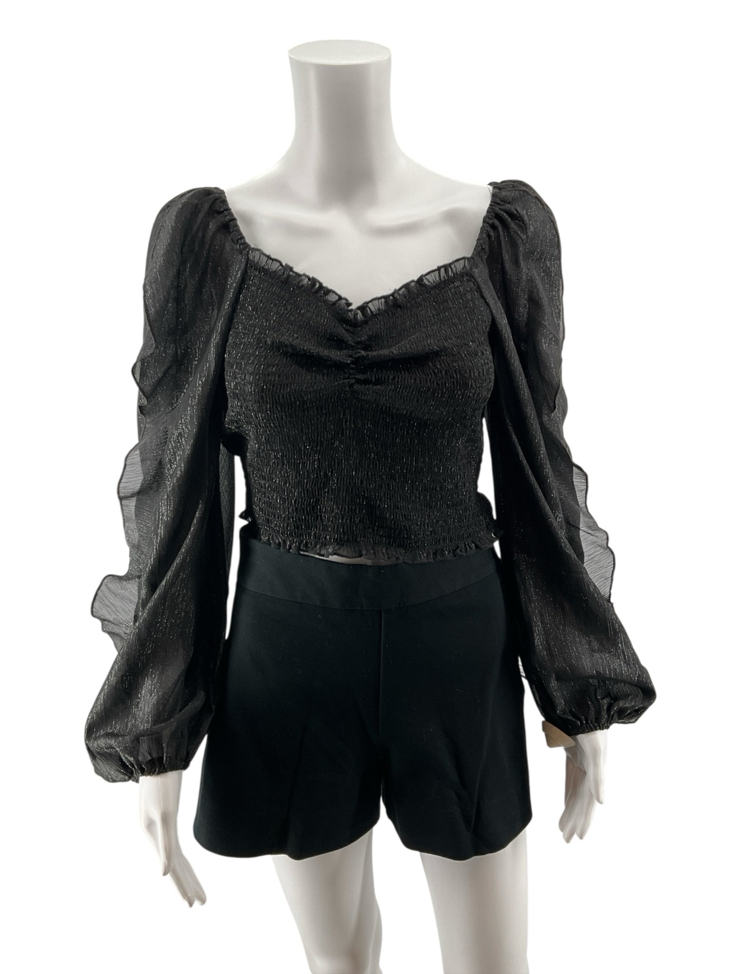 Hyfve Ruffled Smocked Metallic Off Shoulder Crop Top Black Size Medium
