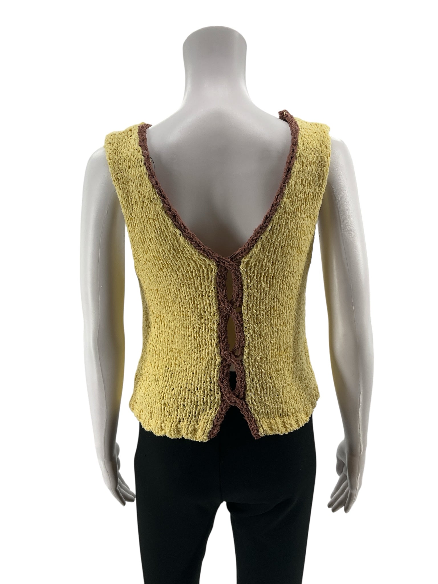 Free People My Bestie Tie Back Knit Tank Top Size Small Yellow Brown