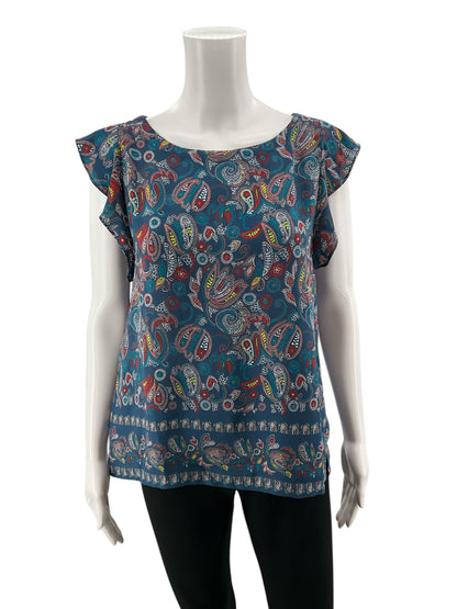 Loft blue/red/yellow Sleeveless Paisley Flutter Sleeve Keyhole Back Blouse Top Size XS - Size XS