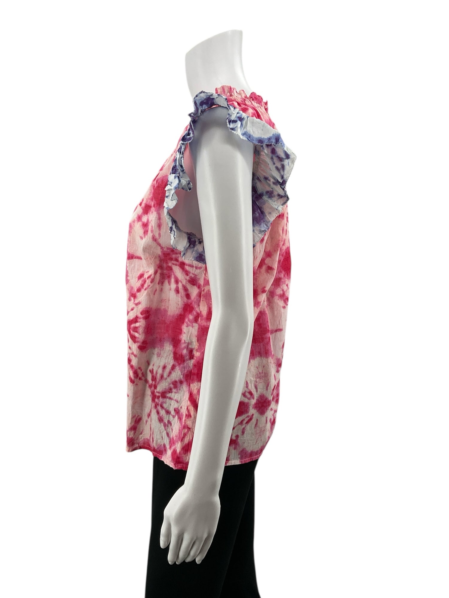 THML Pink/Purple Cap Sleeve Tie-Dye Ruffle Neck Sleeveless Bohemian Top Pink Purple Size Medium NWT - Size M