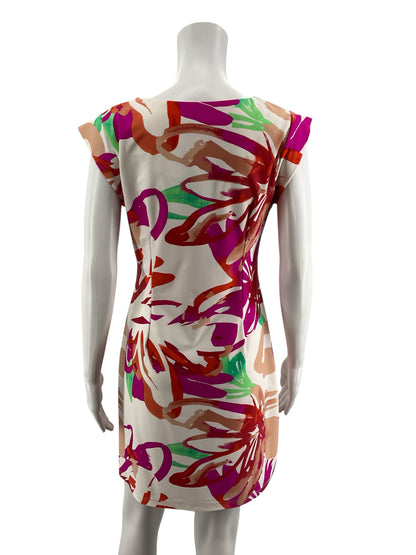 Aryeh White/Pink/Green Sheath Floral Cap Sleeve V-Neck Stretch Shift Dress Size Small - Size S