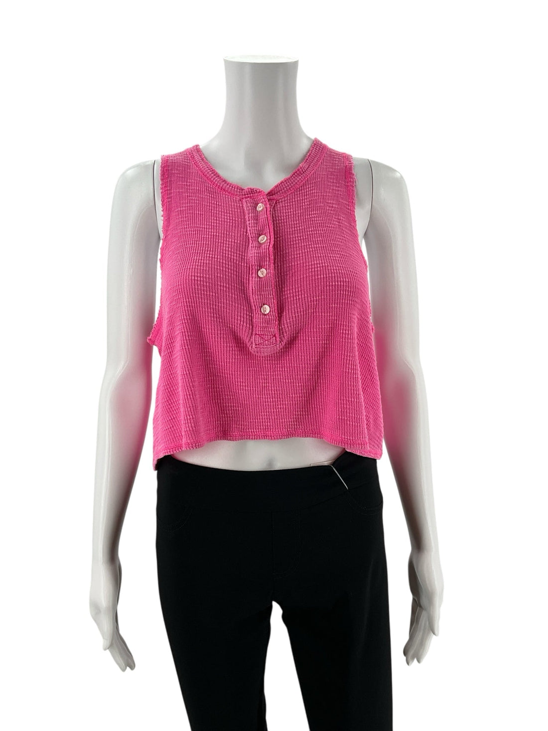 Front view of Aerie Pink Pre-Owned Ladies Top - Size Small on mannequin, showing henley button detail and relaxed cropped fit.