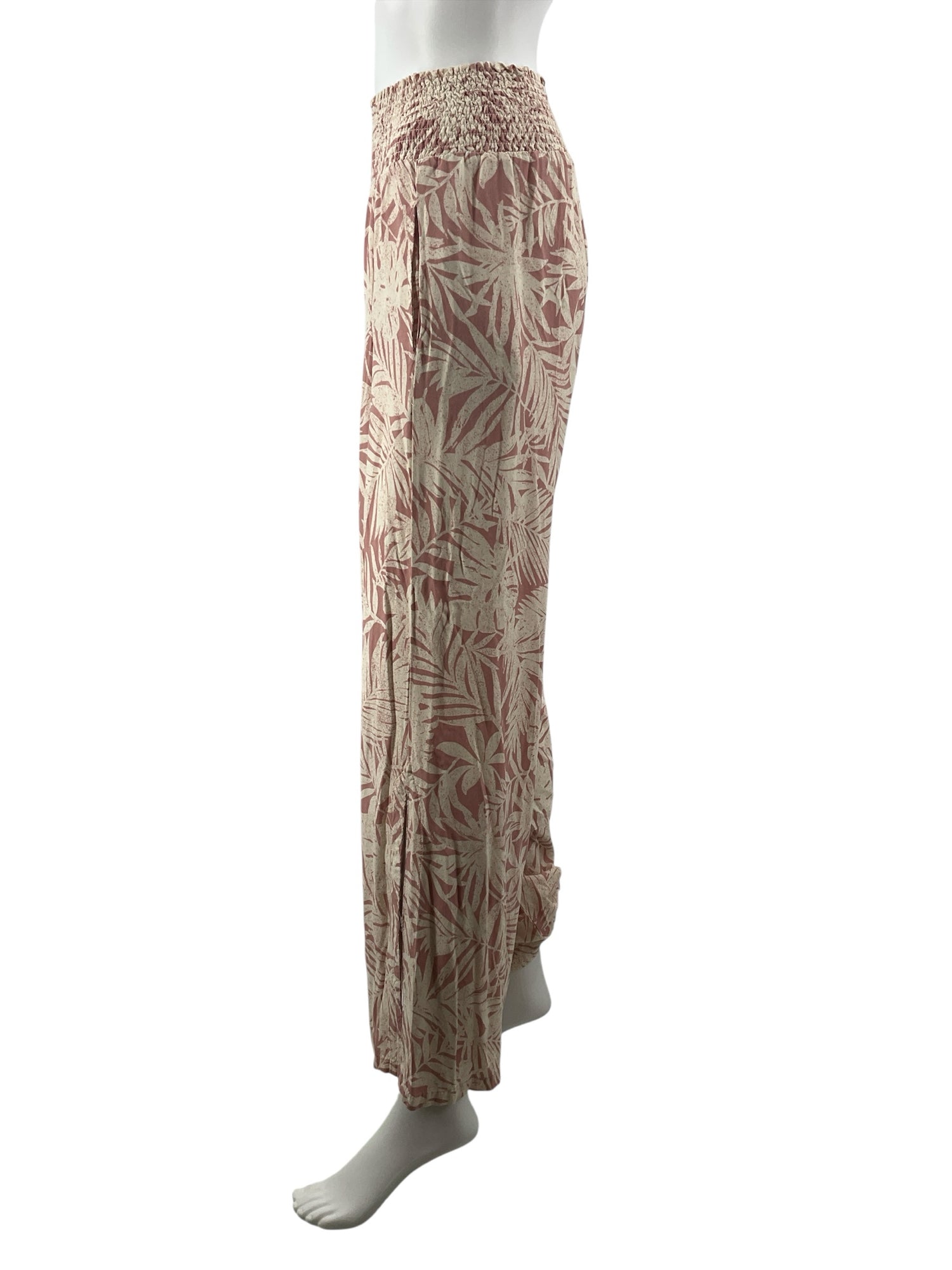 Streetwear Society cream/pink Pant Cream &amp; Pink Tropical Leaf Palazzo Pants Size Medium - Size M