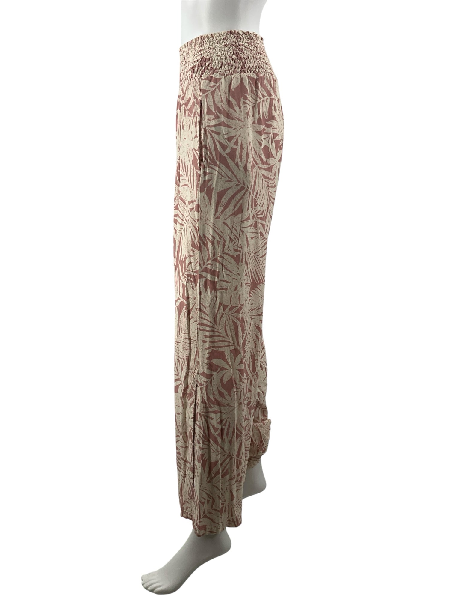 Streetwear Society cream/pink Pant Cream &amp; Pink Tropical Leaf Palazzo Pants Size Medium - Size M