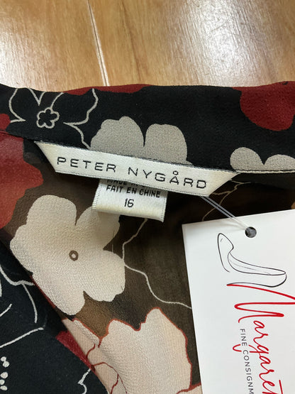 Peter Nygård Red &amp; Black Floral 100% Silk Sheer Button-Down Blouse | Size 16