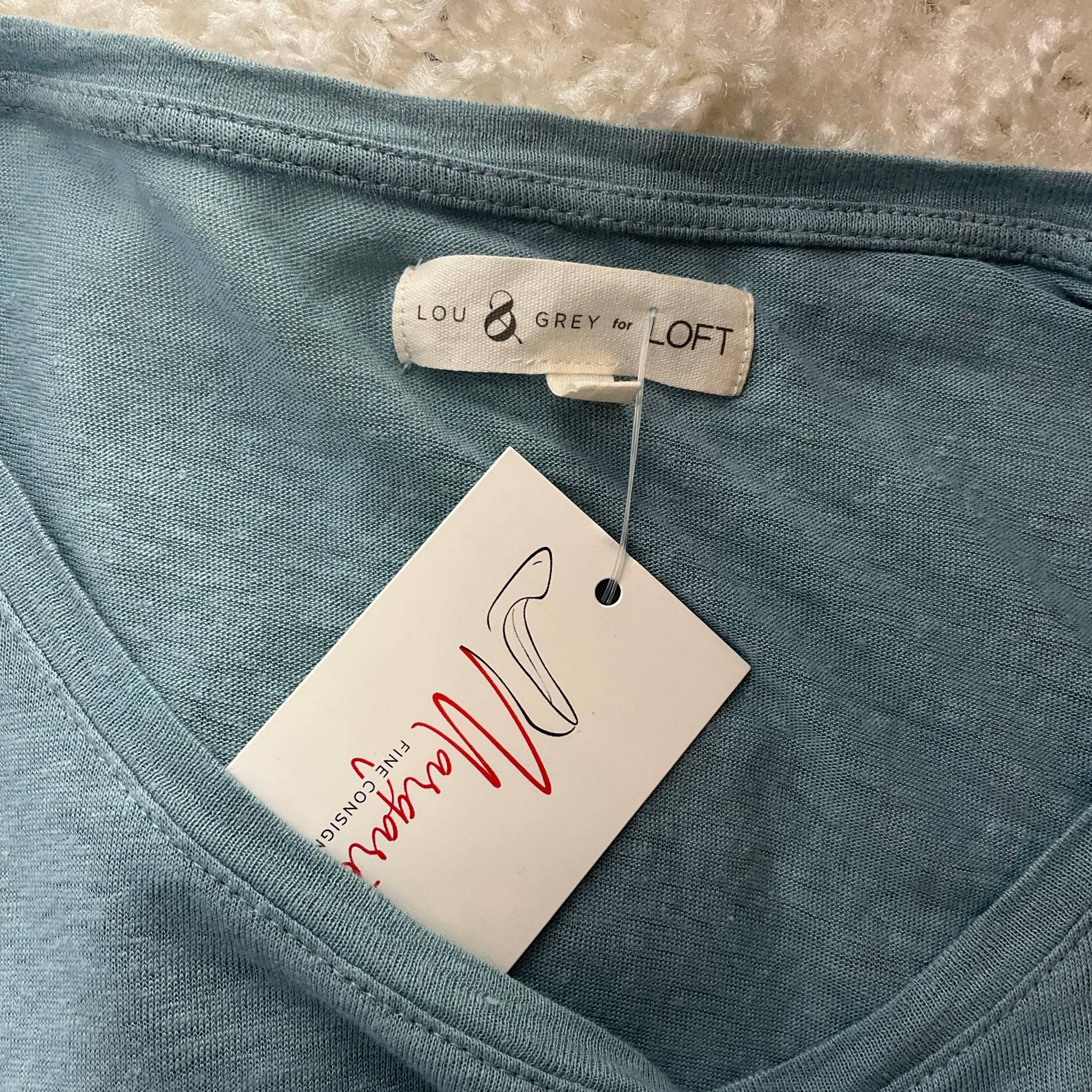Close-up of Lou & Grey for Loft label on Blue Heathered Top - Size Small, sold at Margaret's Fine Consignments.