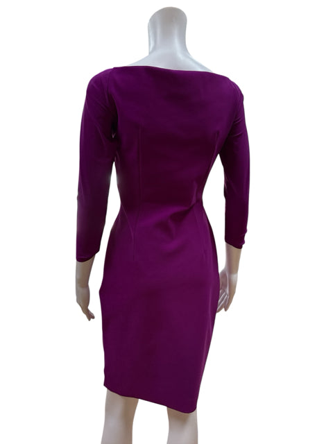 Back view of Chiara Boni La Petite Robe fuchsia bodycon dress in size M with 3/4 sleeves and sleek silhouette for formal occasions.