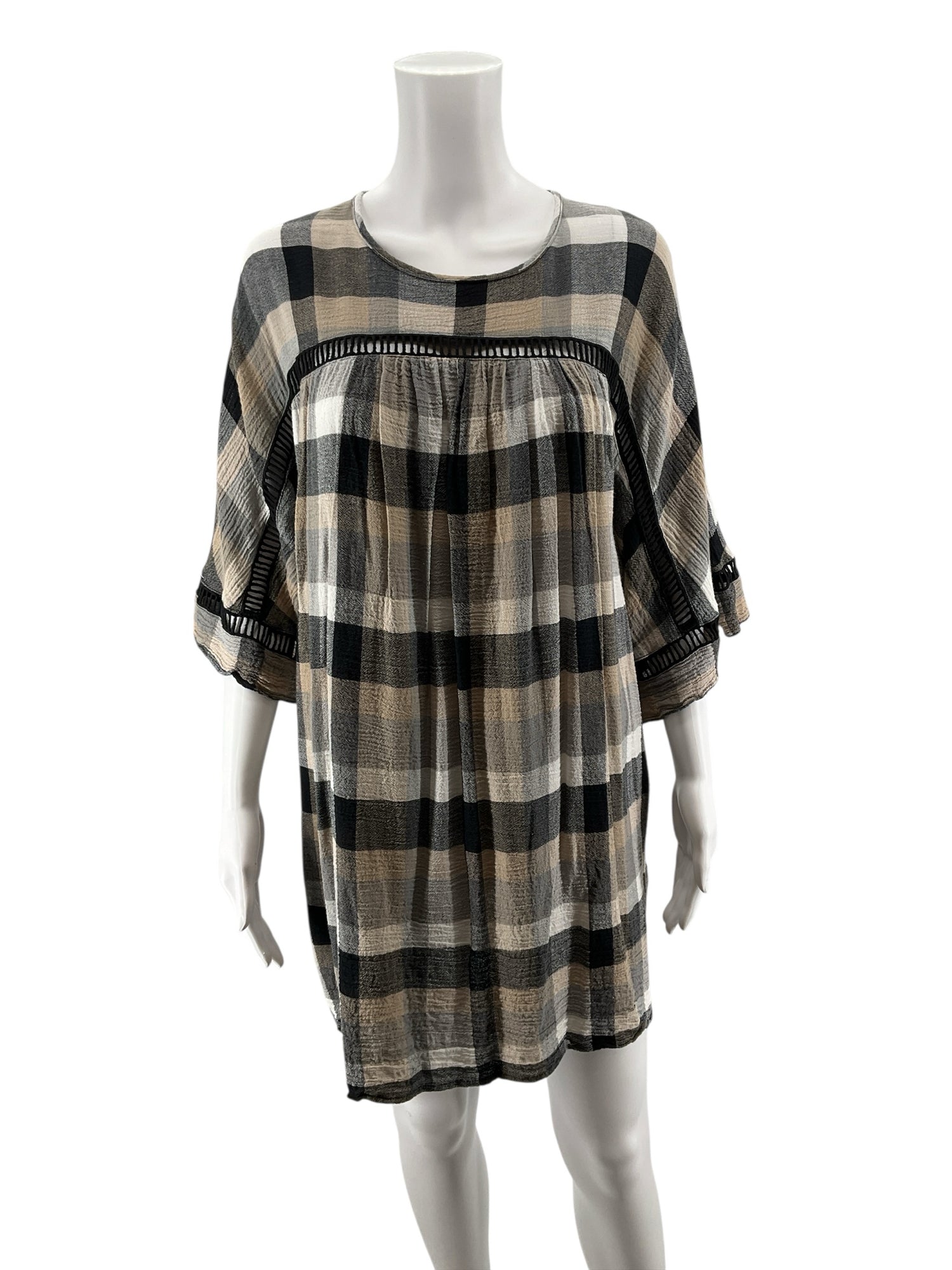 Maeve Anthropologie Plaid Flutter-Sleeve Tunic Dress Size Medium Black Tan Check