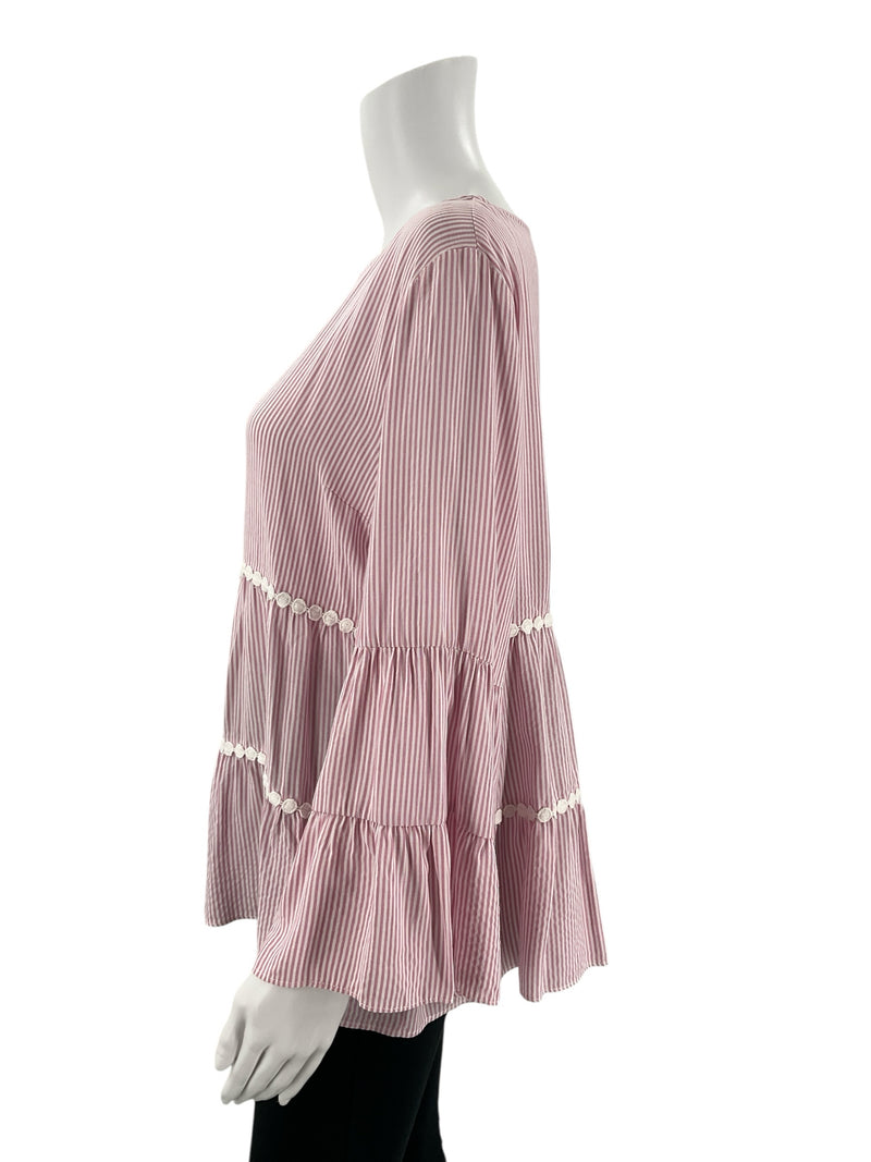 Duffield Lane Pink/White Stripe Pre-Owned Ladies Casual Top - Size Large - Margaret’s Fine Consignment