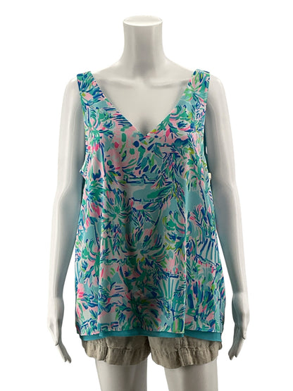 Lilly Pulitzer Florin Reversible V-Neck Tank Top Floral Aqua Pink Size Large