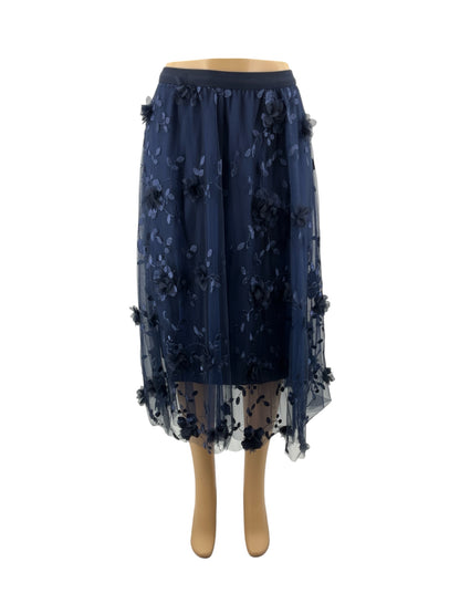 No Brand Navy Floral Embroidered Tulle A-Line Midi Skirt Size Small