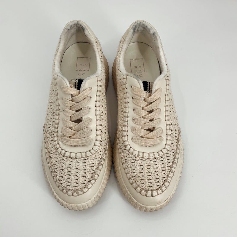 Top view of Shu Shop Beige Textured Sneakers Size 8.5, featuring lace-up closure and cushioned insole, ideal for everyday wear.