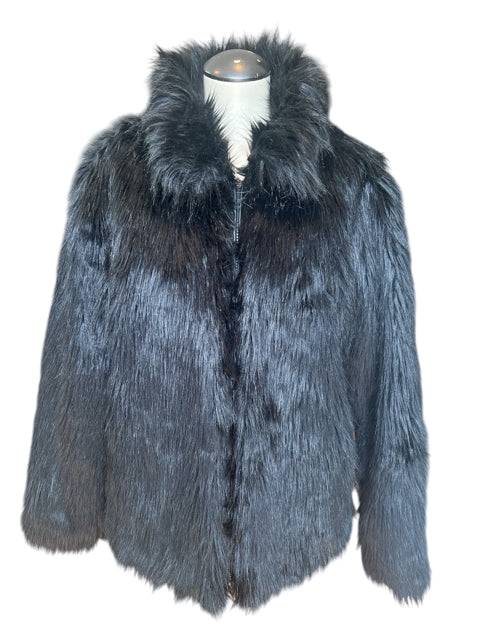 Fashionable Jacket Size Large in black faux fur with front zip closure and plush collar, ideal for stylish cold-weather outerwear.