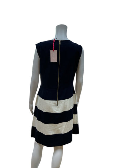 Back view of Julie Brown navy and white striped dress with visible gold zipper and original tag attached, size 10, new with tags.