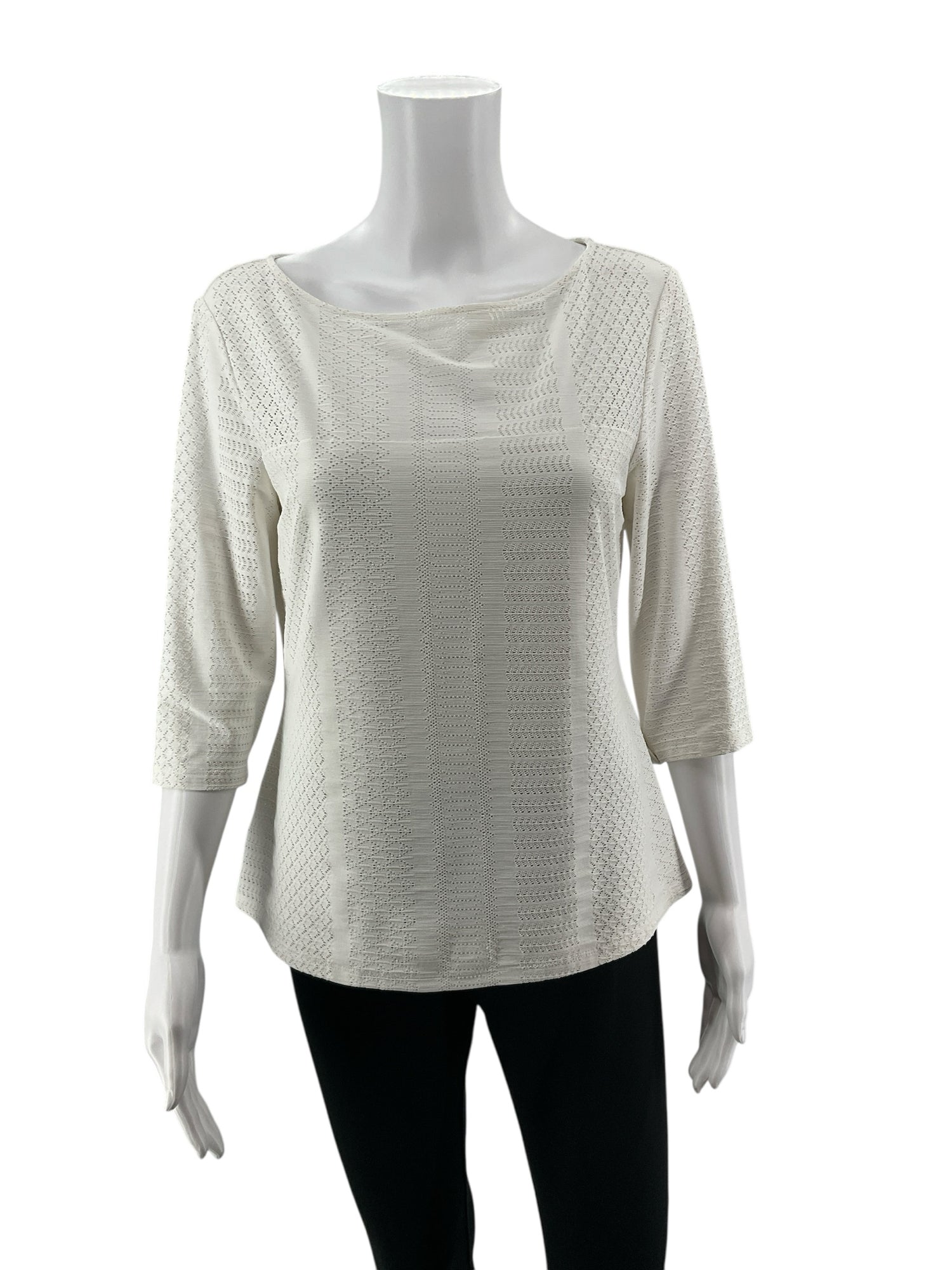 Doncaster White Textured Openwork Knit Top 3/4 Sleeve Size Medium