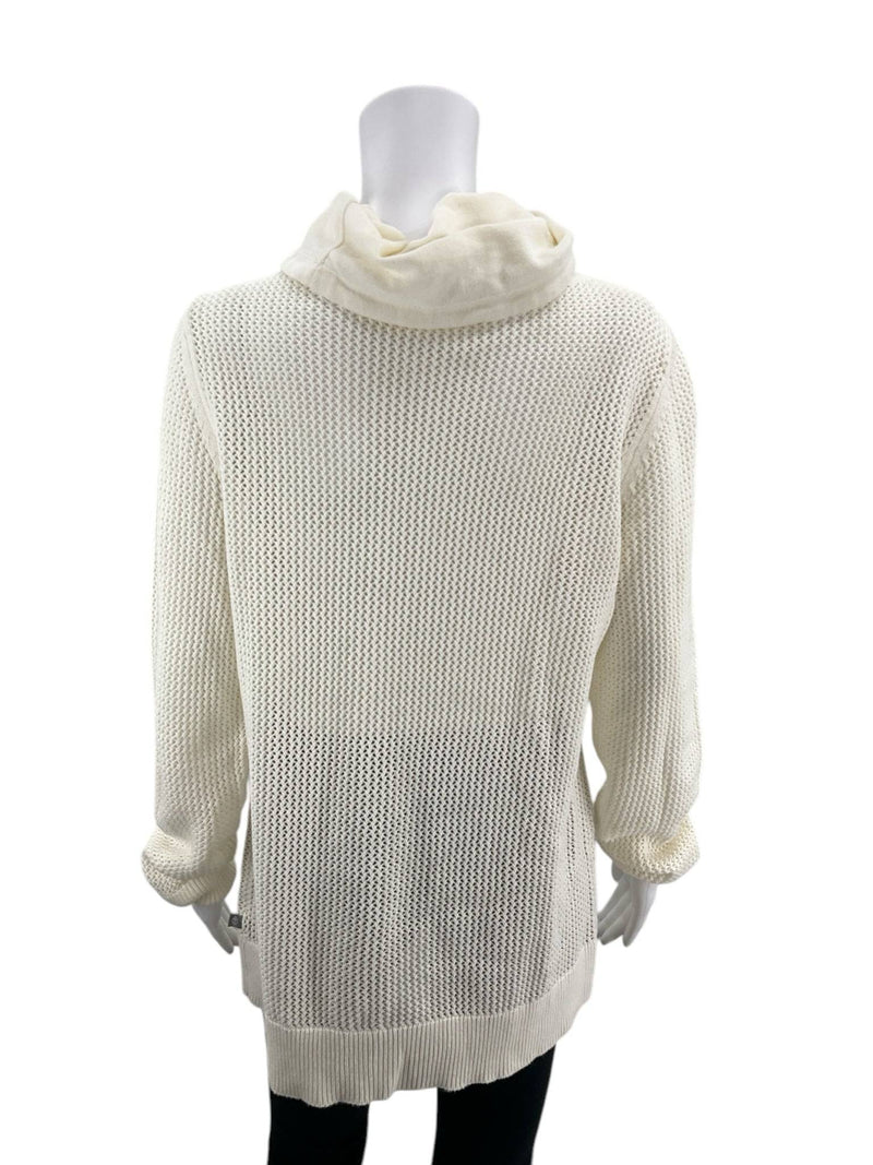 Back view of T by Talbots Top Size Large in cream with open knit design and ribbed hem, sold at Margaret’s Fine Consignments.