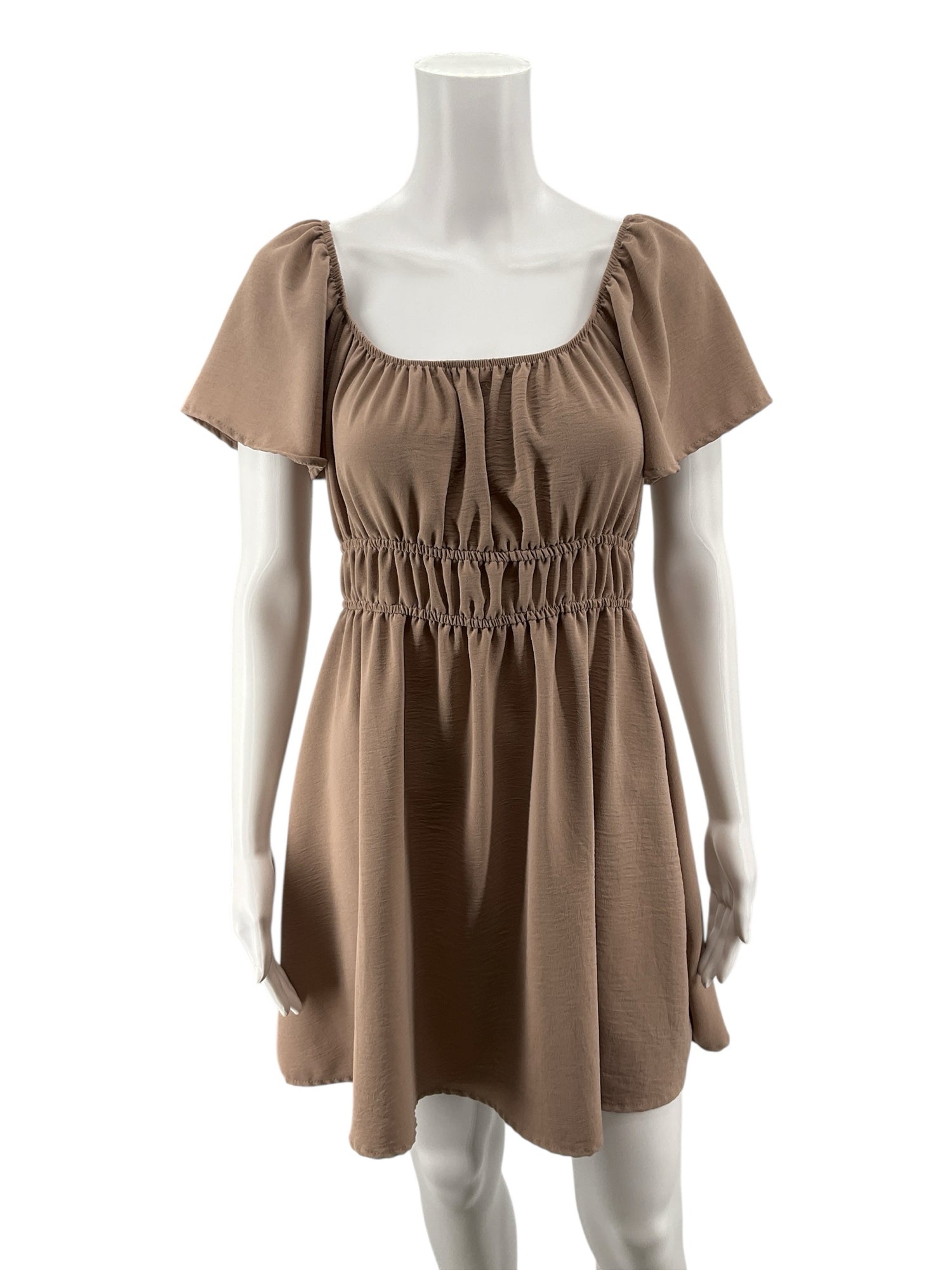 Altar'd State Taupe Shirred Waist Flutter Sleeve Mini Dress