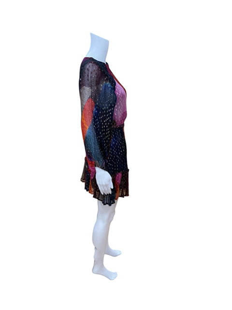 Oliphant Ella Ruffle Tiered Mini Dress XS Abstract Gold Foil Print Bishop Sleeve