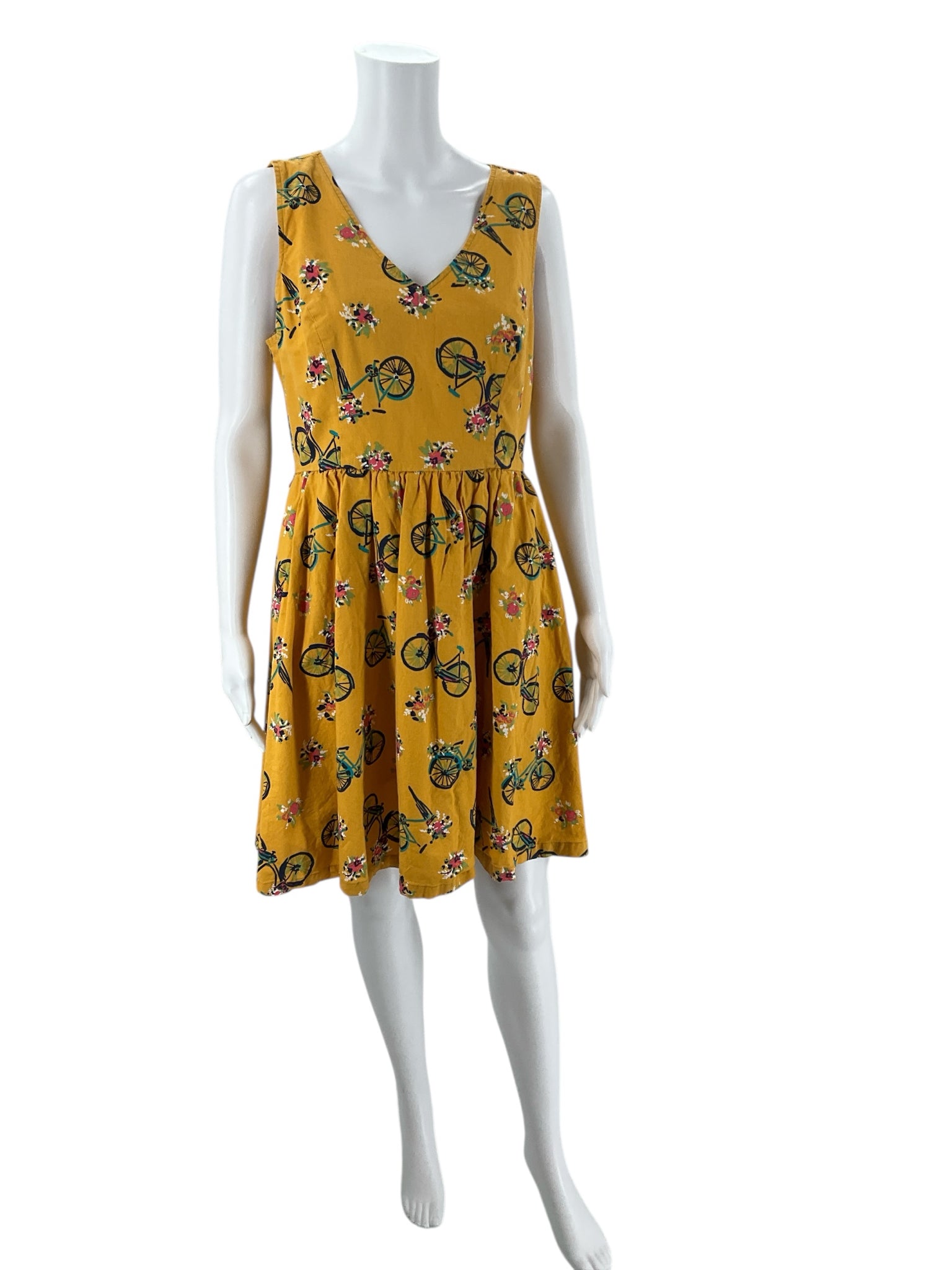 Modcloth Mustard/Multi Bike Dress - Size Large, sleeveless pre-owned dress with playful bicycle and floral print, ideal for casual wear.