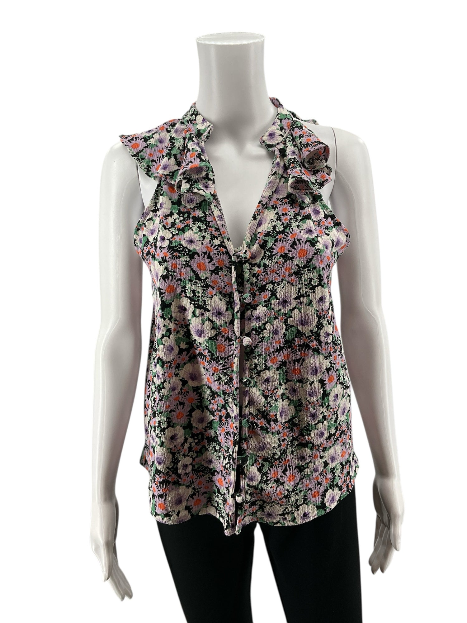 Anthropologie Maeve Starling Jacquard Floral Button-Front Ruffle Tank Top Medium - ONLINE ONLY