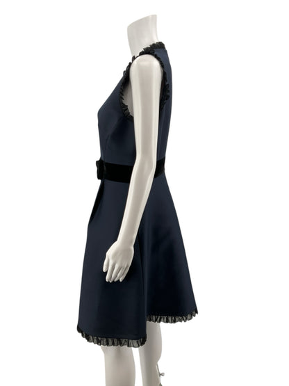 Kate Spade New York navy/black Fit and Flare Navy Pleated Trim Fit &amp; Flare Dress with Velvet Bow Size 8 - Size 8