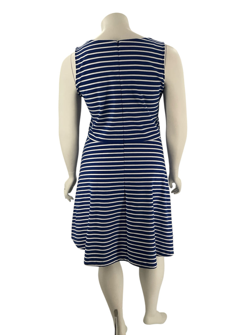 Back view of Talbots Blue/White Stripe Dress - Size 1X; sleeveless design with zipper closure, ideal for casual plus-size wear.